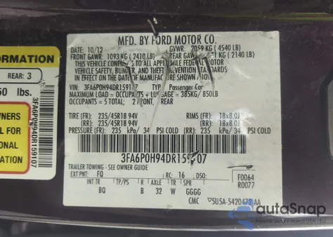 2013 Ford Fusion Se from USA, damaged, VIN 3FA6P0H94DR159107